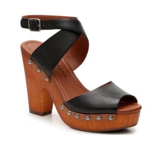 Lucky Brand 'Nessah' Black Leather Strap Wooden Clog Platform Sandal Heels 7